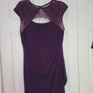 MSK Size 10 Plum Faux Wrap Pleated Left Side Ruffle Beaded top and back Formal